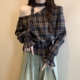 斜领露肩格子长袖 0201w 胖mm感挂脖飘带上衣火小衫 衬衫 女秋大码
