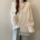 蕾丝钩花V领长袖 白衬衫 女秋大尺码 法式 胖mm中长版 遮屁股上衣0201w