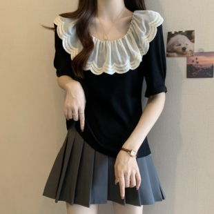 娃娃领短袖恤女夏装大尺码胖妹妹显瘦感上衣遮肚别致绝美小0208w