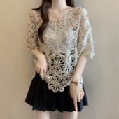钩花镂空短袖 t恤女春夏大尺码 胖mm显瘦感重工亮片上衣外搭罩0201w