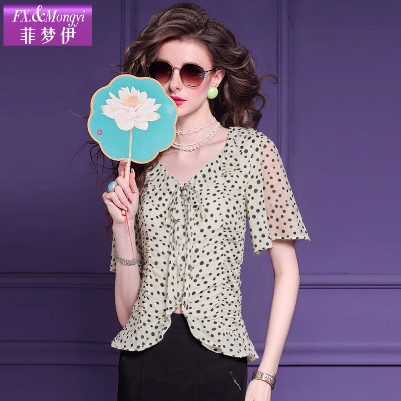 菲梦伊波点衬衫女短袖夏季法式系带荷叶边褶皱修身开叉V领上衣薄