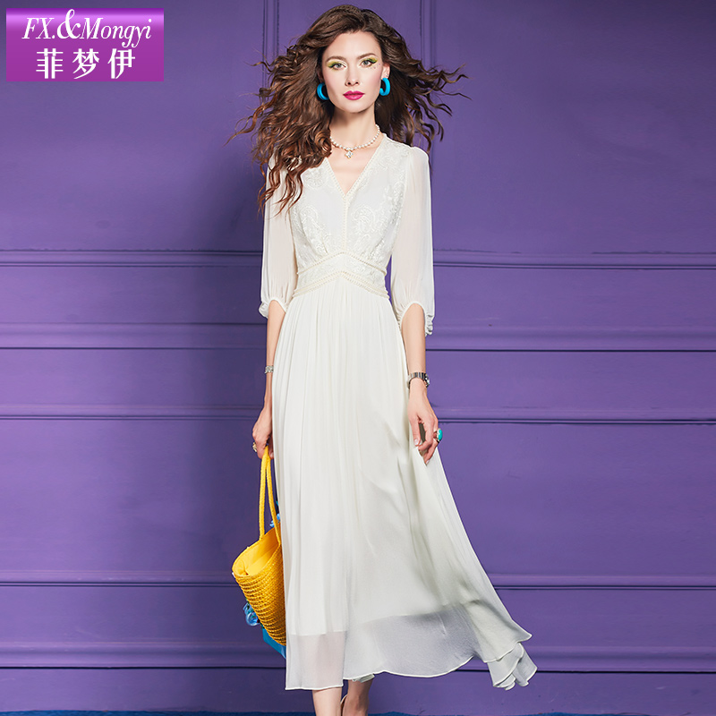 菲梦伊桑蚕丝钉珠绣花白色连衣裙女夏季高端真丝拼接收腰超仙长裙