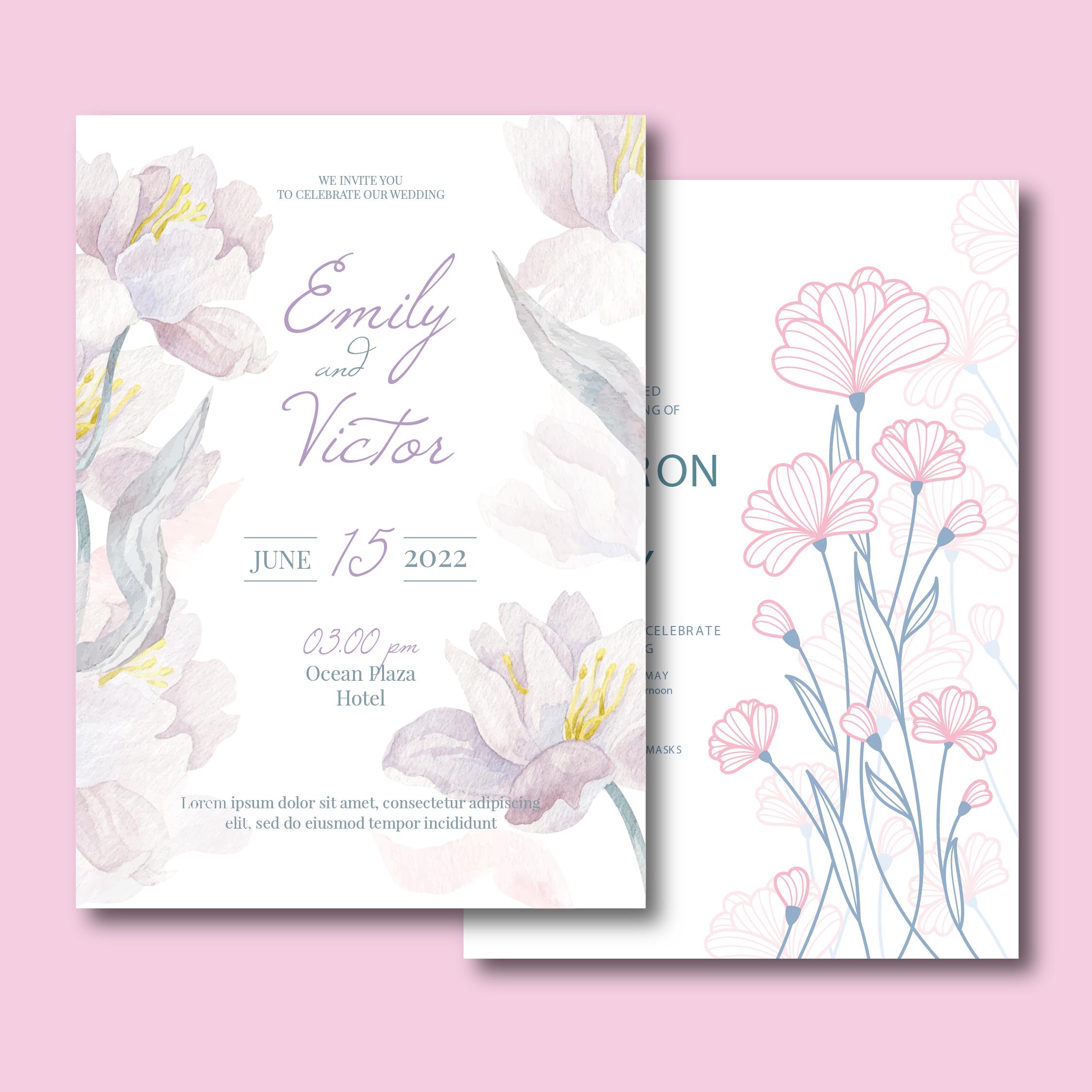 粉紫色清新淡雅水彩花卉订婚礼邀请函贺卡迎宾海报开业背景AI素材