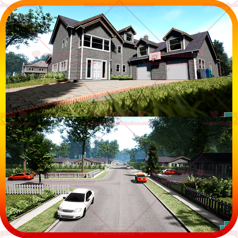UE4 虚幻5 国外城市街道房屋别墅花园泳池汽车马路植物场景3D模型