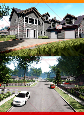 UE4 虚幻5 国外城市街道房屋别墅花园泳池汽车马路植物场景3D模型
