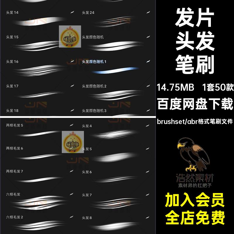 毛发头发笔刷ipad1套50款发片绘画发丝纹理ps勾线CG画笔procreate