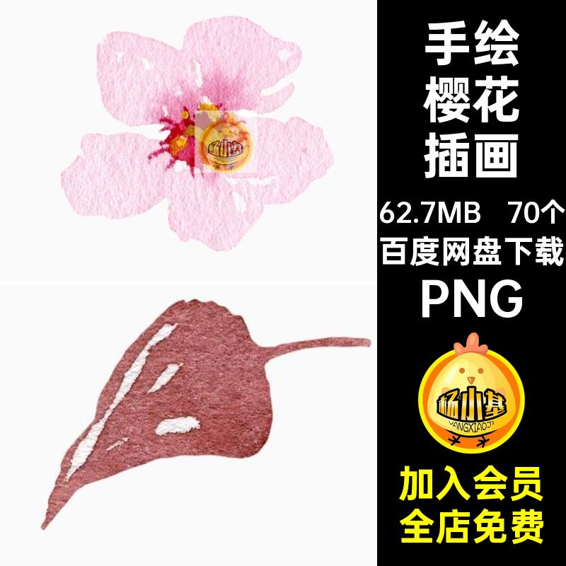 高清樱花插画PNG元素无70个手绘花瓣背景水彩花枝设计免扣花叶