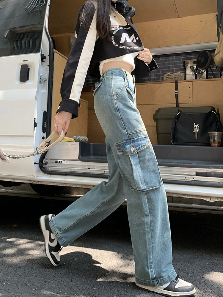 여성용 멀티 포켓 디자인 멋진 작업복 청바지 2023 봄 워싱 다목적 하이 웨이스트 슬림 스트레이트 팬츠 트렌드