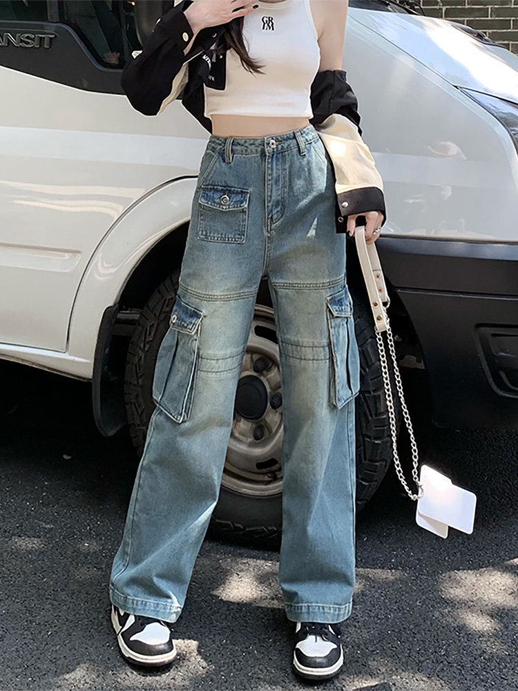 여성용 멀티 포켓 디자인 멋진 작업복 청바지 2023 봄 워싱 다목적 하이 웨이스트 슬림 스트레이트 팬츠 트렌드
