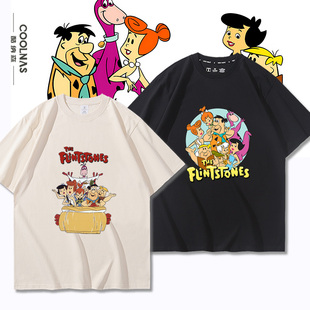 上衣服 半袖 摩登原始人动画电影周边卡通图案男女纯棉短袖 T恤夏季