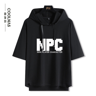 NPC游戏周边创意文字连帽短袖T恤男装夏季潮牌宽松五分袖衣服半袖