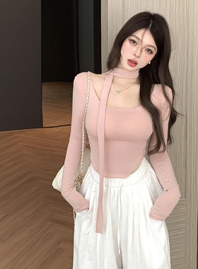纯欲辣妹风U领飘带长袖T恤女短款收腰紧身弹力上衣打底衫内搭上衣