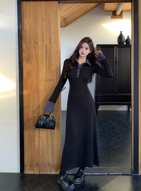 法式黑色polo针织连衣裙子女秋冬季2025新款内搭打底气质鱼尾长裙