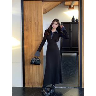 法式黑色polo针织连衣裙子女秋冬季2025新款内搭打底气质鱼尾长裙