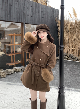 狐狸毛大衣女2025冬季新款富家千金风收腰保暖加厚毛呢外套大码