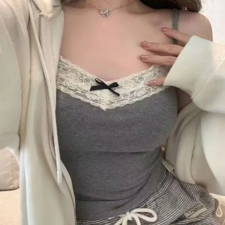 带胸垫蕾丝吊带背心女秋冬季2025新款蝴蝶结纯欲内搭外穿无袖上衣