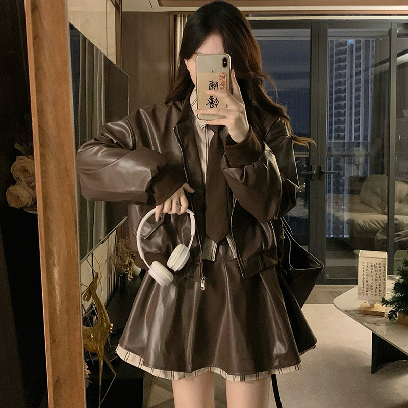 【坐吃山空】美拉德棕色机车皮衣外套女秋季美式复古宽松夹克琥珀,女装/女士精品,时尚套装,淘宝优惠券,粉丝福利购,淘宝优惠卷