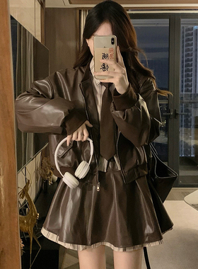 【坐吃山空】美拉德棕色机车皮衣外套女秋季美式复古宽松夹克琥珀