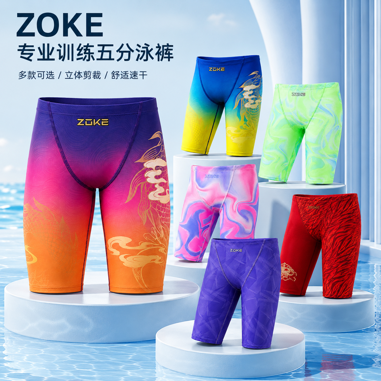 zoke洲克青少年儿童男童男孩游泳专业比赛训练竞速五分游泳裤新款