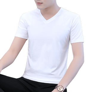 v领t恤男短袖男士冰丝体恤打底衫男款高档纯棉白色半袖夏季上衣服