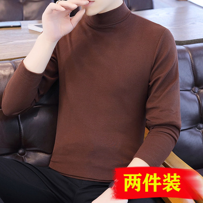 纯棉半高领长袖t恤男士打底衫秋季新款中领体恤衣服男装内搭秋衣