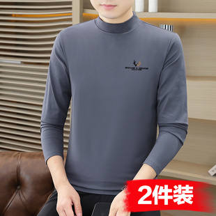 上衣服体恤纯棉打底衫 男士 男装 t恤秋衣内搭中领秋冬季 半高领长袖