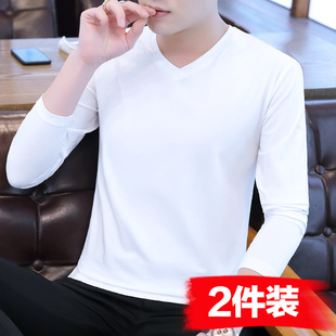 春秋季 秋衣纯棉打底衫 新款 衣服男装 v领长袖 上衣纯色体恤衫 t恤男士