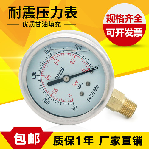 不锈钢耐震压力表管道 抗震防震压力显示表 YN60 16kg螺纹1/4psi