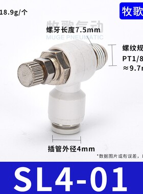 气动白色SL4/6/8/10/12-M5 01 02节流阀气管快接头气缸调速调节阀