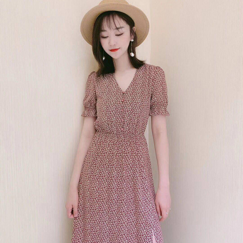 新颖阿玛施正旗舰店官网2020春新款连衣裙女装夏V领修身短袖长裙