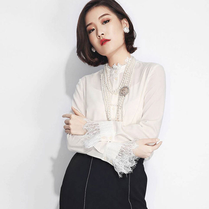新颖阿玛施正旗舰店官网2020春秋新款百搭修身蕾丝边长袖衬衫女潮