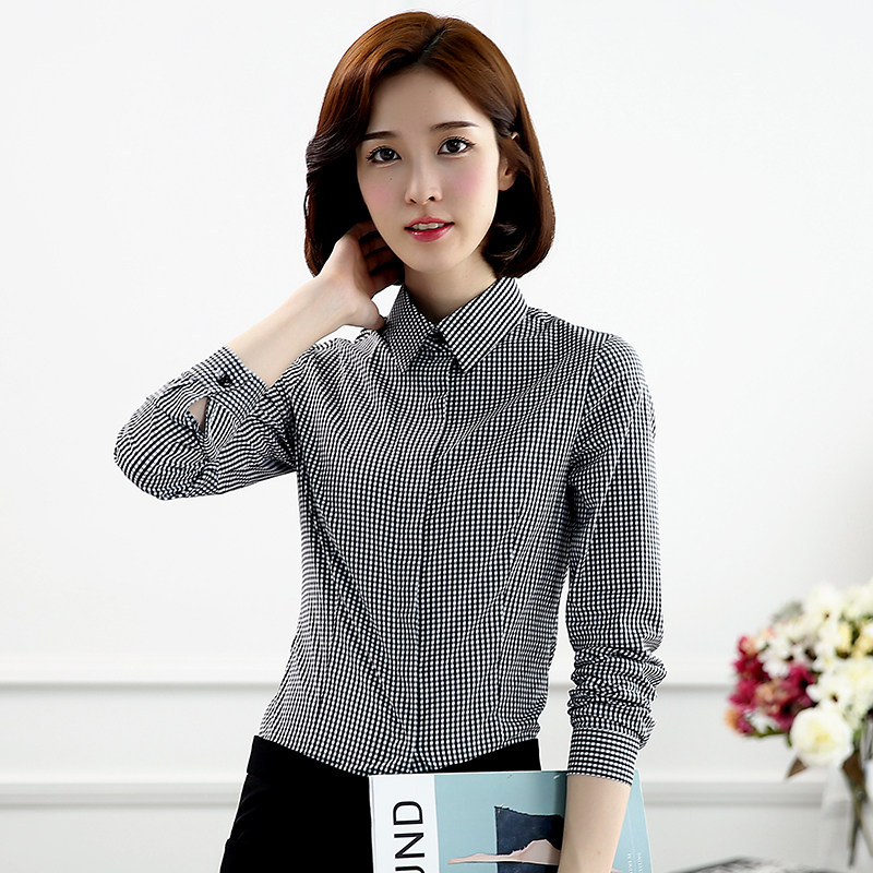 新阿玛施正旗舰店官网2020春款黑白格子衬衫女长袖修身职业装衬衣