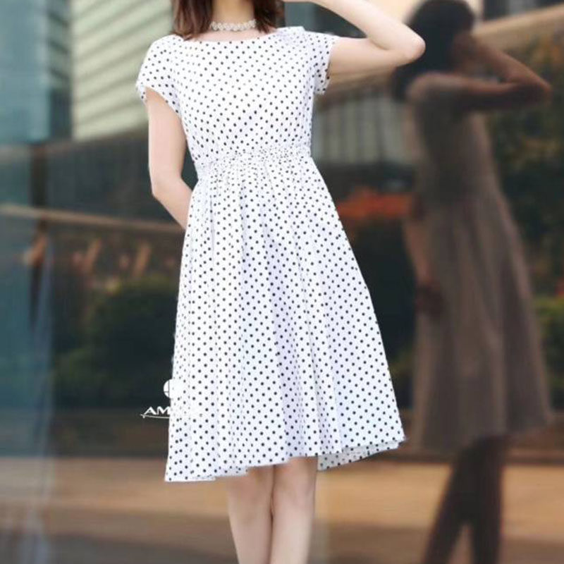 新颖阿玛施正旗舰店官网2020春新款连衣裙女装夏波点收腰短袖长裙