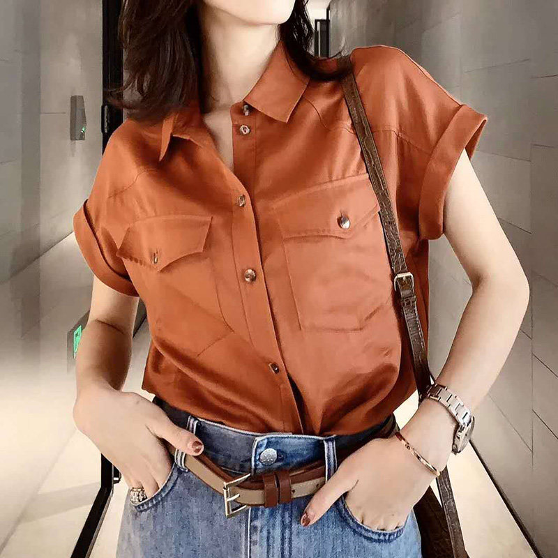 新颖阿玛施正旗舰店官网2020春新款衬衫百搭显瘦口袋短袖衬衣女装