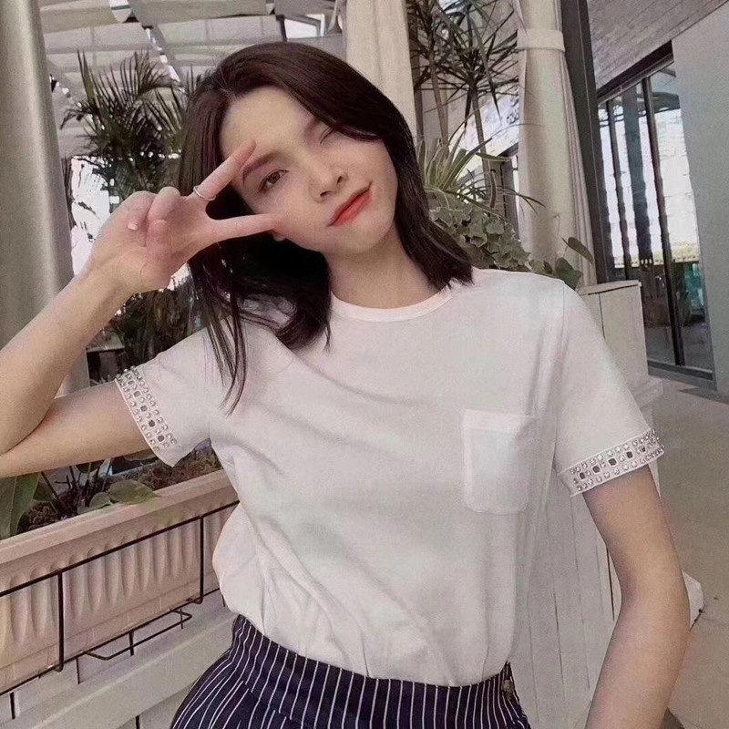 新颖阿玛施正旗舰店官网2020春新款短袖T恤百搭纯棉钉珠口袋上衣