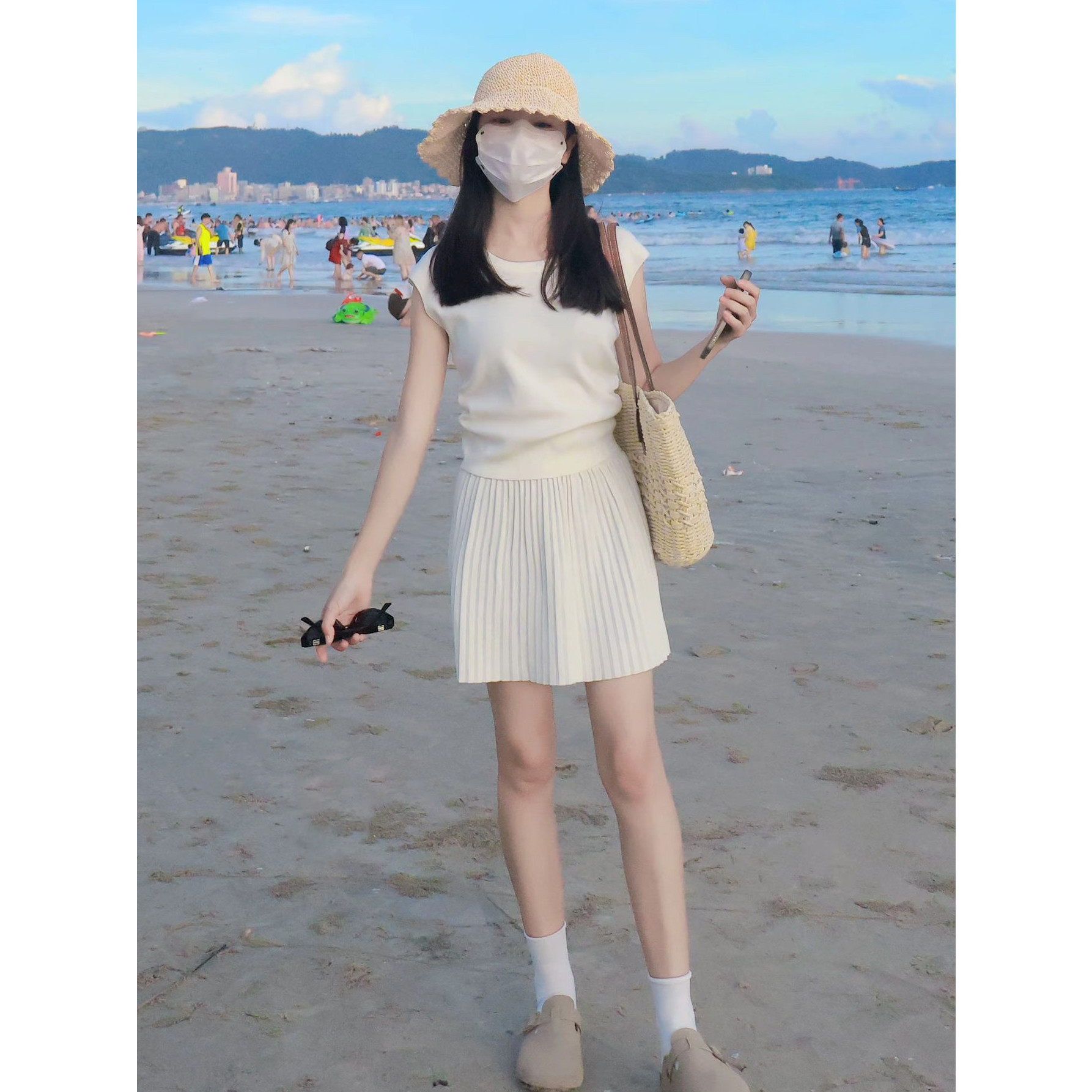 已到货  夏设计感冰丝收腰小飞袖短袖百褶裙套装女上衣裙子一套