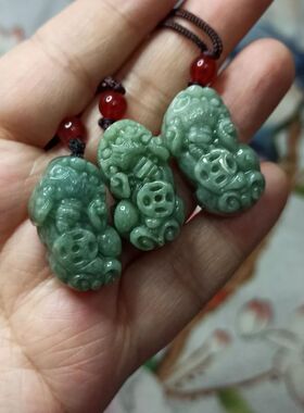 323缅甸天然翡翠吊坠飘花雕刻貔貅手把件卡26X15mm左右满48元包邮