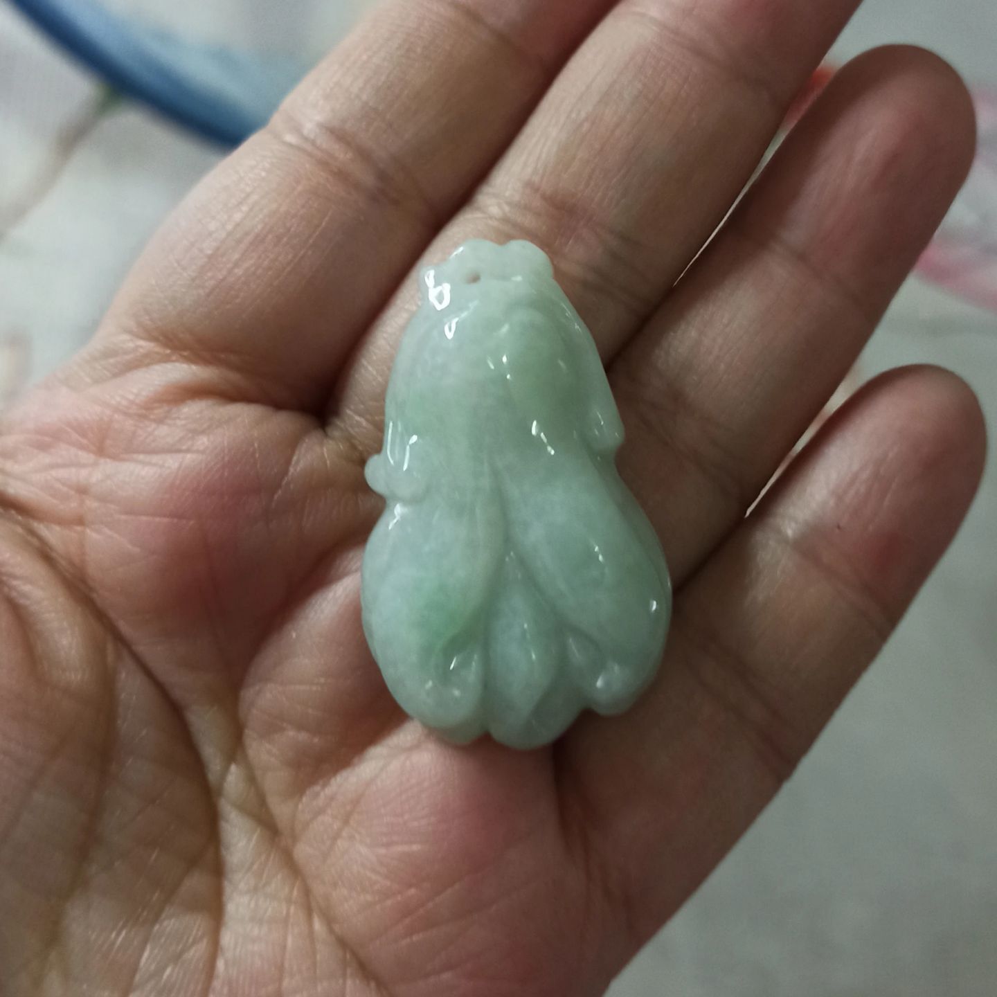 259缅甸天然翡翠飘花吊坠雕刻件手把件佛手人参人生如意卡38X23mm