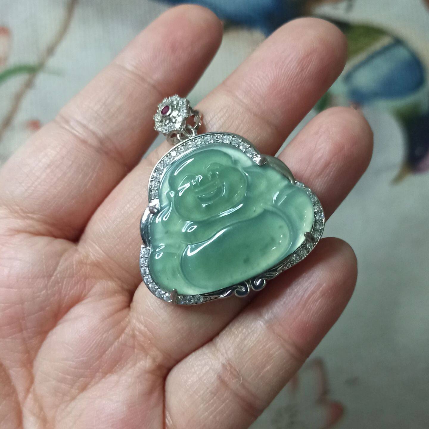 24危料天然翡翠佛公吊坠蓝水宝宝佛牌子卡30X24mm左右满48元包邮