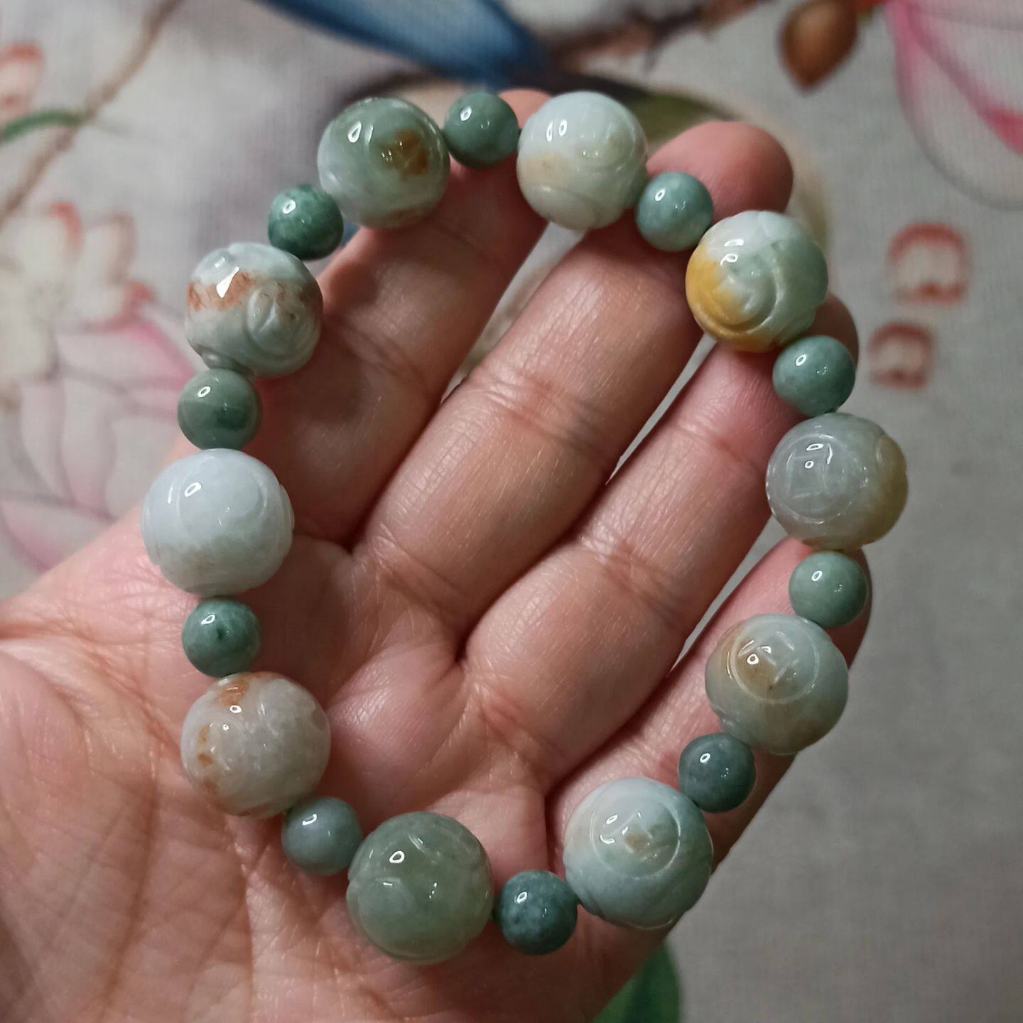 天然翡翠烧红翡回纹珠手串