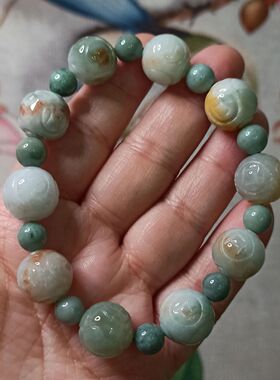 400缅甸天然翡翠烧红翡回纹珠手串卡14mm左右圆珠手链满48元包邮