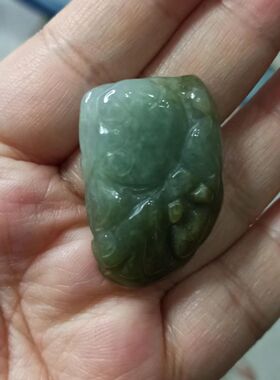 53缅甸天然翡翠吊坠雕刻件手把件飘花蝙蝠如意福瓜福寿卡35X24mm