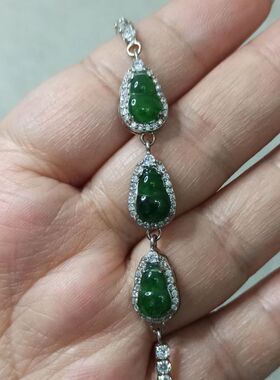 84天然翡翠A货危料阳绿镶嵌葫芦手串手链蛋面卡9X6mm左右满48包邮