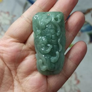 145缅甸天然翡翠吊坠雕刻件手把件貔貅如意福寿绿底飘花卡53X27mm