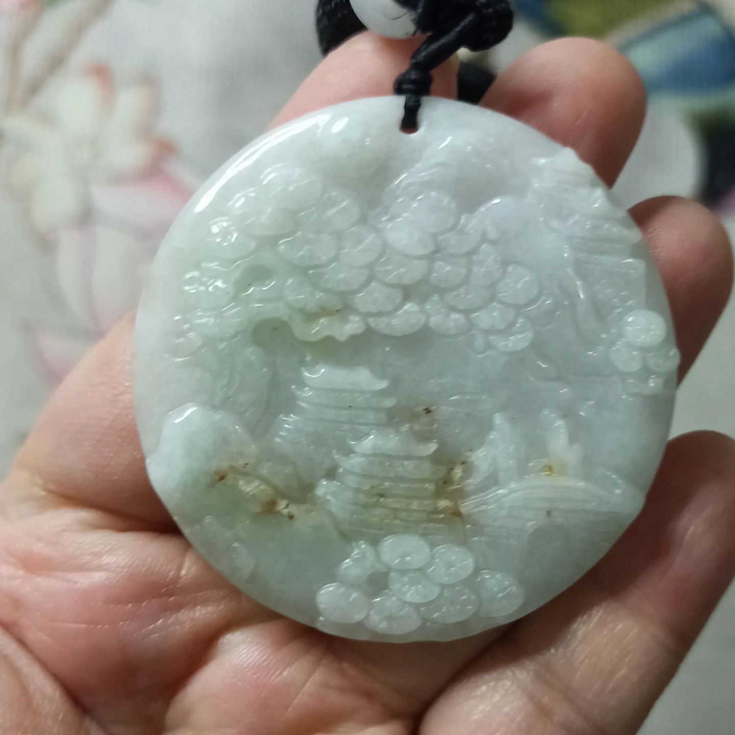 天然翡翠吊坠飘花山水牌