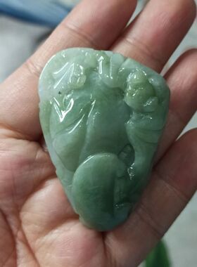 4缅甸天然翡翠吊坠雕刻件手把件飘花蝙蝠如意葫芦福寿卡51X37mm