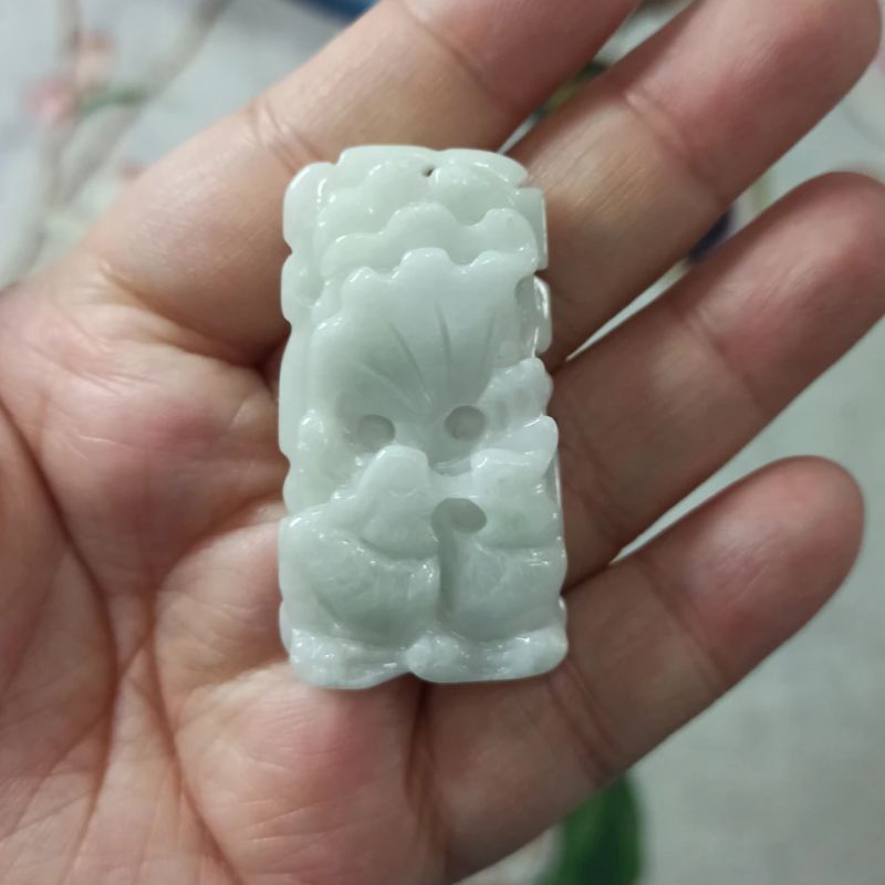 282天然翡翠吊坠飘花荷叶鸳鸯牌如意莲叶牌卡45X25mm左右满48包邮