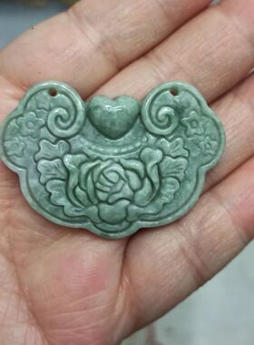 119缅甸天然翡翠飘花特色花开富贵牡丹锁牌卡47X33mm左右48元包邮