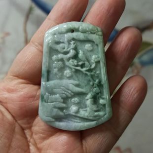 419天然翡翠吊坠雕刻花牌喜上眉梢挂件花牌卡52X36mm左右满48 包邮