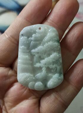 375缅甸天然翡翠吊坠山水白底飘花卡42X29mm左右特色满48元包邮